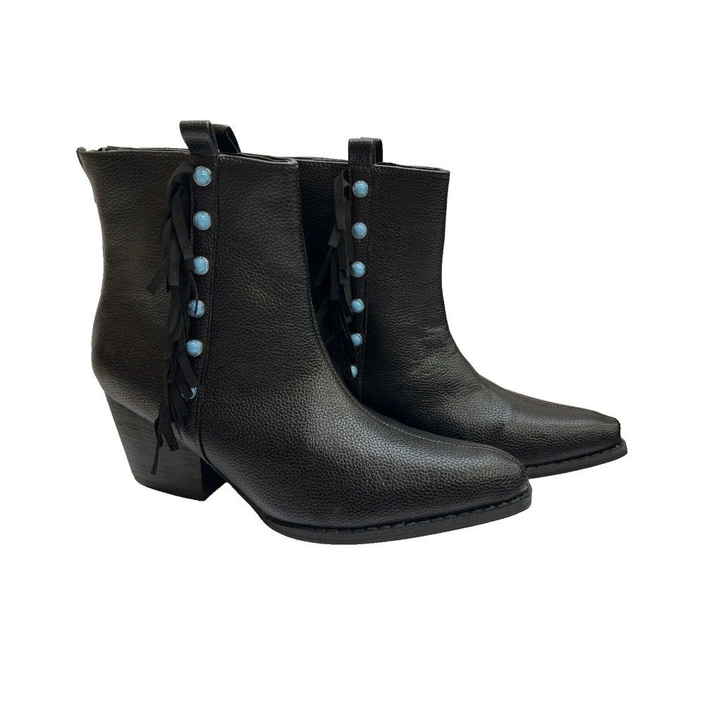 Crazy Train Bootie Boots Black With Fringe and Turquoise Studs Size 7